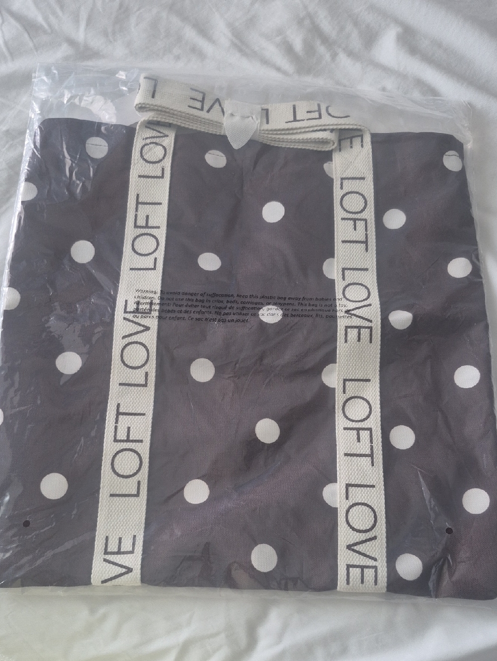 LOFT Brown and Beige Polka Dot Canvas Tote with Branded Strap